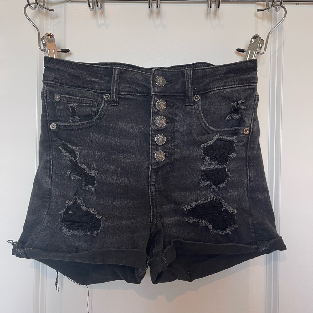 American Eagle Black Distressed Button Up Shorts - image 1